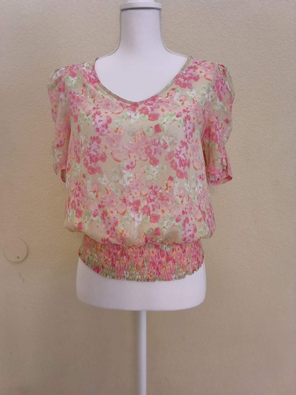 Rose & Olive Pink and Cream Floral Smocked Hem Blouse